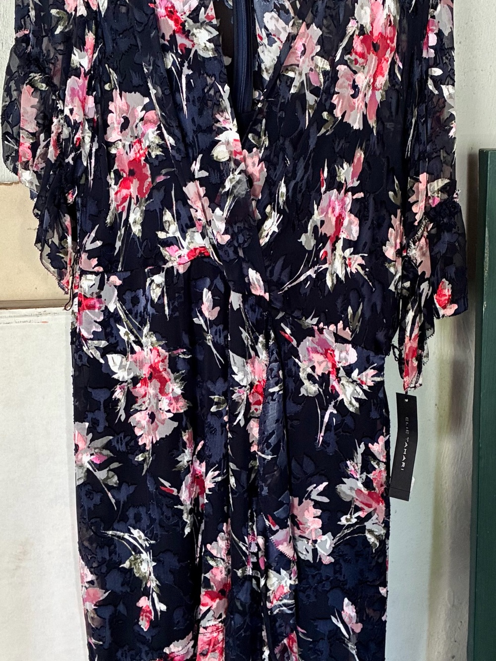 Tahari Navy Floral Midi Dress with Pink and White Blooms